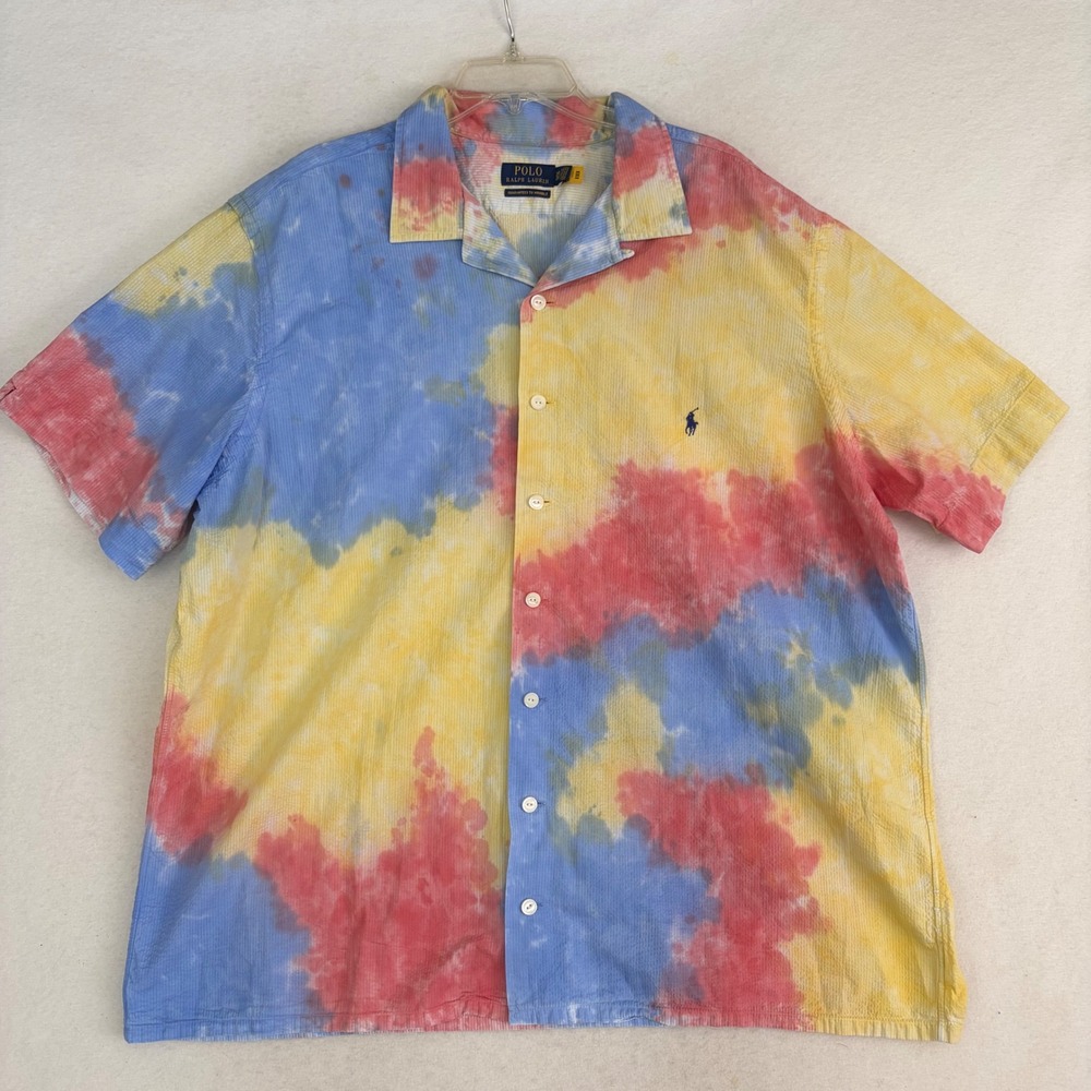 Polo Ralph Lauren Seersucker Camp Shirt Button Up Mens 2XB Multi Tie Dye - Picture 2 of 7